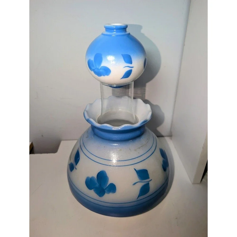 Vintage 15 Pc Set Fitter Blue Flower Glass Hurricane Lamp Shades & Ball Shades